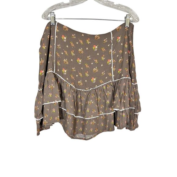 Boho Floral Tiered Mini Skirt Brown 2X Ruffle Western Hippie Indie Folk Prairie - Picture 1 of 8